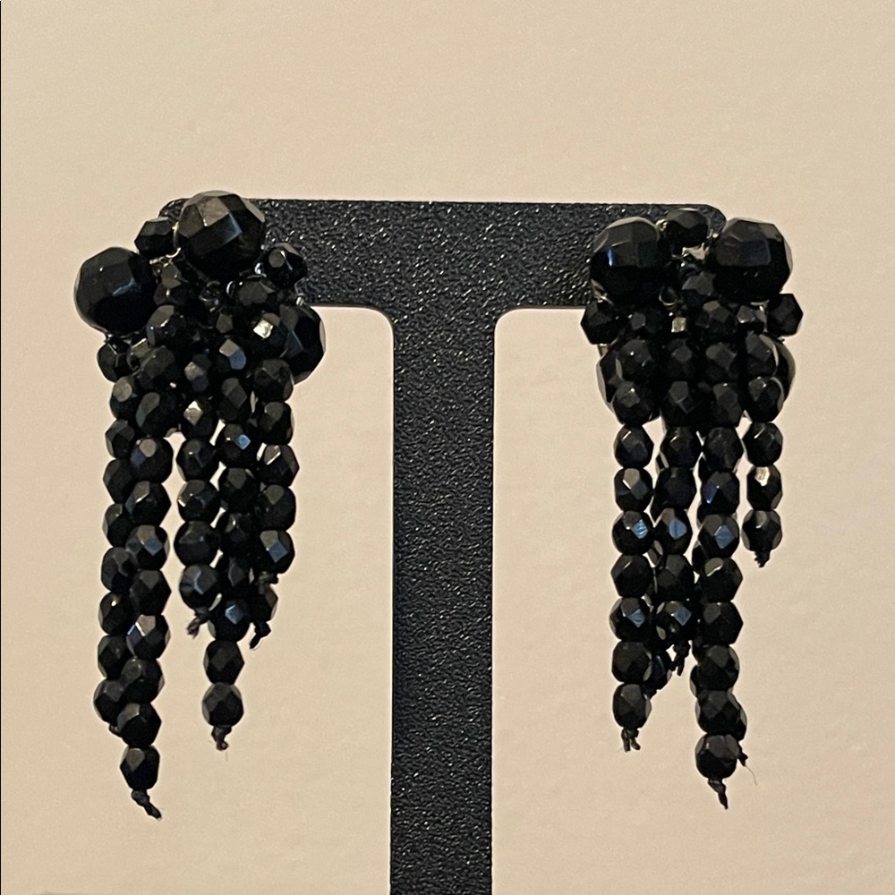 1980’s Les Bernard Waterfall Black Beaded Clip-on Earrings